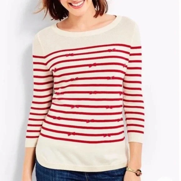 Talbots Striped Bow Sweater White Red Long Sleeve Size XS - Picture 10 of 10